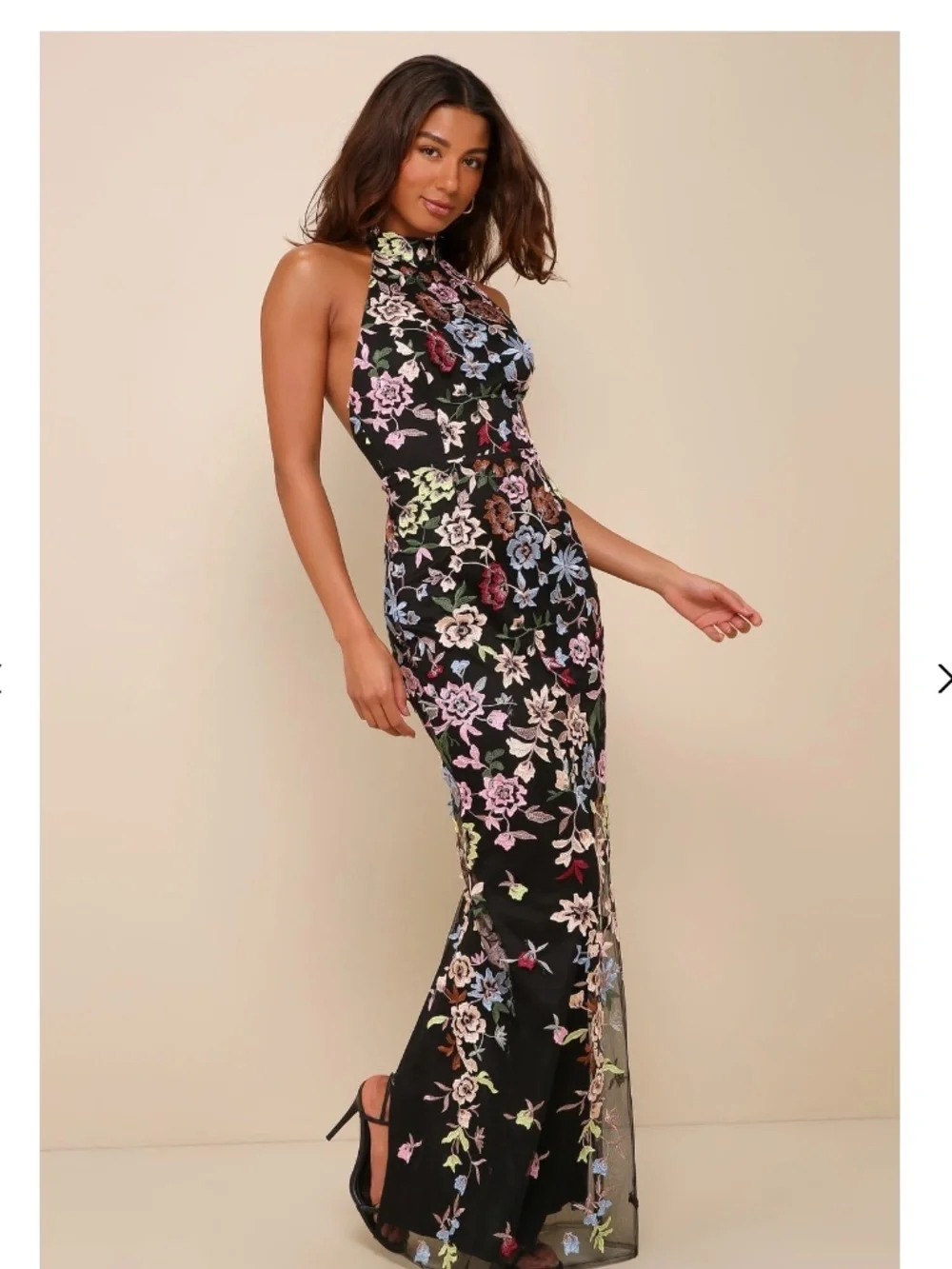 NWT Lulus Infinite Praise Black 3D Floral Embroidered Halter Maxi Dress XS